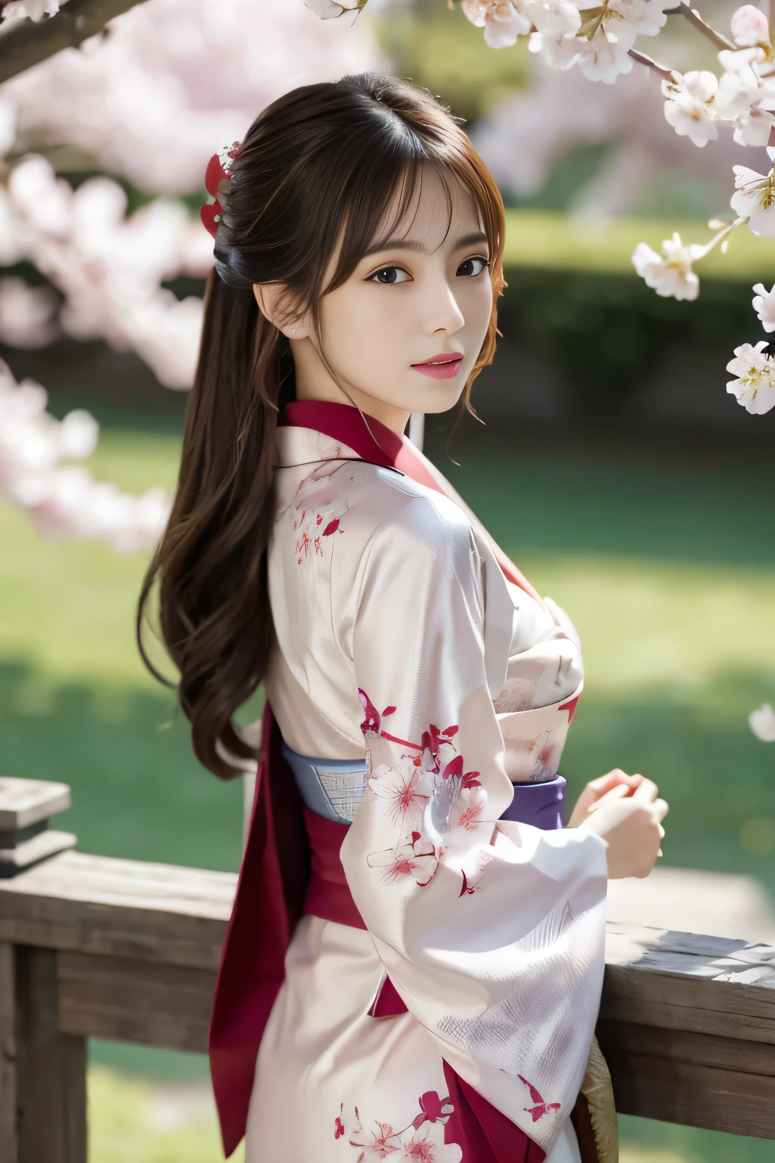 masterpiece, Highest quality, Realistic, Very detailed, Finer details, High resolution, 8k wallpaper, One beautiful woman, ,(masterpiece),(best quality),hyper detailed,perfect anatomy,dazzling,perfect face,
sexy,seductive,1girl,long hair,cleavage,blonde hair,print_kimono,furisode,
wind_lift,dusk,outdoor,in spring,falling petals,cherry blossoms,looking_back,looking_at_viewer,dynamic_angle,
zPDXLrl,