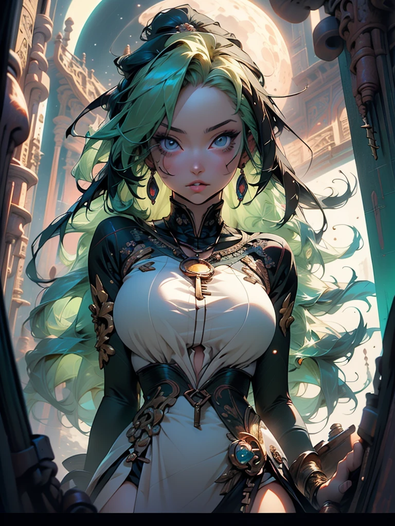 Beautiful anime goddess with long green hair, wearing a short dress, breasts, anime key look, moon, large breasts, intricate, hips, highly detailed, wide hips, breathtaking beauty, vibrant and sharp focus, illustration