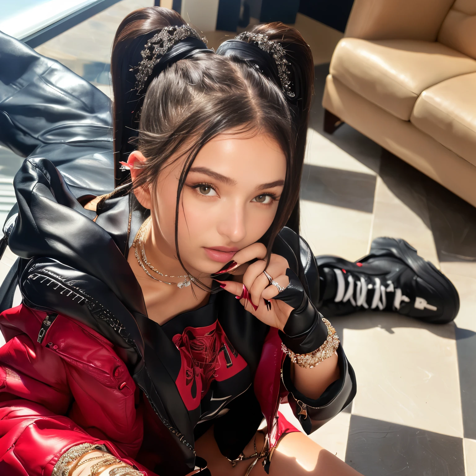 Arafed woman in a leather jacket and a red and black jacket, Portrait Sophie Mudd, Bella Hadid - The great adventure by the sea, charli xcx, Dua Lipa, profile pic, isabela moner, portrait Emily Ratajkowski, pokimane, Bella Poarch, Style by Julia Razumova, soft devil queen madison beer, Emily Ratajkowski