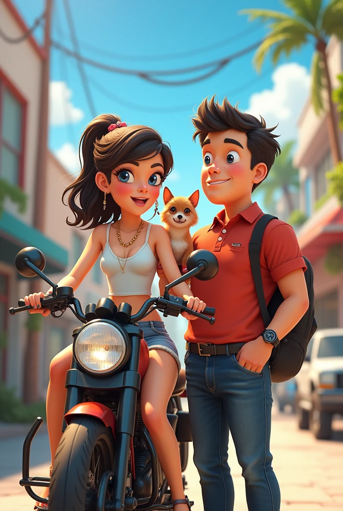 Animated beautiful fashionable girl, next to a tall, fat boy in a polo shirt, a motorcycle and a brown chihuahua dog