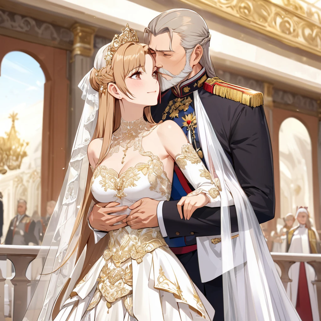 ((Highest quality)), ((masterpiece)), (detailed), (Perfect Face)、The woman is Yuuki Asuna, a Russian with light brown, medium-long hair, an elegant, graceful and beautiful Russian noblewoman, and the Empress of the Great Russian Empire.、The woman is beautifully dressed in a gorgeous Russian court dress, mainly in a glittering gold wedding dress, a wedding veil, and luxurious accessories, and is wearing a beautiful and luxurious kokoshnik.、The woman is standing next to a great, dignified, bearded old Russian emperor at a grand wedding.、The woman is embraced by the great Russian emperor in a luxurious palace, they fall in love, kiss each other, and get married.、The woman is embracing the great old Russian emperor, kissing him, making love to him, and looking happy and close to him, the elderly emperor and the beautiful young empress.