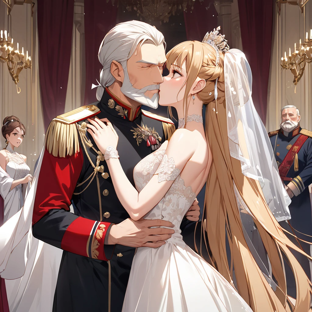 ((Highest quality)), ((masterpiece)), (detailed), （Perfect Face）、The woman is Yuuki Asuna, a Russian with light brown, medium-long hair, an elegant, graceful and beautiful Russian noblewoman, and the Empress of the Great Russian Empire.、The woman is beautifully dressed in a gorgeous Russian court dress, mainly in a glittering gold wedding dress, a wedding veil, and luxurious accessories, and is wearing a beautiful and luxurious kokoshnik.、The woman is standing next to a great, dignified, bearded old Russian emperor at a grand wedding.、The woman is embraced by the great Russian emperor in a luxurious palace, they fall in love, kiss each other, and get married.、The woman is embracing the great old Russian emperor, kissing him, making love to him, and looking happy and close to him, the elderly emperor and the beautiful young empress.