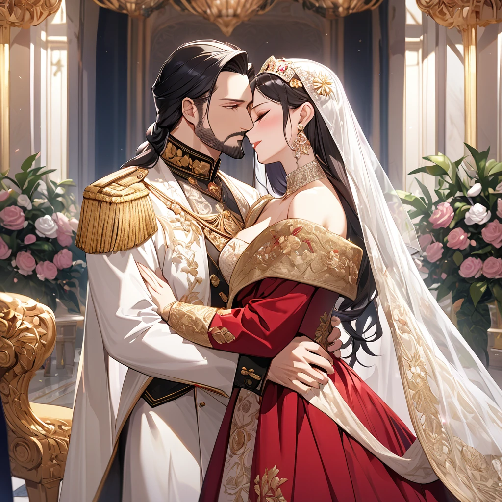 ((Highest quality)), ((masterpiece)), (detailed), （Perfect Face）、The woman is Shinobu Kocho, a Russian with black hair with purple gradient ends, tied in a bob hairstyle, an elegant, graceful and beautiful Russian noblewoman, and the Empress of the Great Russian Empire.、The woman is beautifully dressed in a gorgeous, glittering gold wedding dress and wedding veil of the ancient Russian court dress worn by an ancient Russian empress, as well as luxurious accessories and a kokoshnik.、The woman is standing next to a great, dignified, bearded old Russian emperor at a grand wedding.、The woman is embraced by the great Russian emperor in a luxurious palace, they fall in love, kiss each other, and get married.、The woman is embracing the great old Russian emperor, kissing him, making love to him, and looking happy and close to him, the elderly emperor and the beautiful young empress.