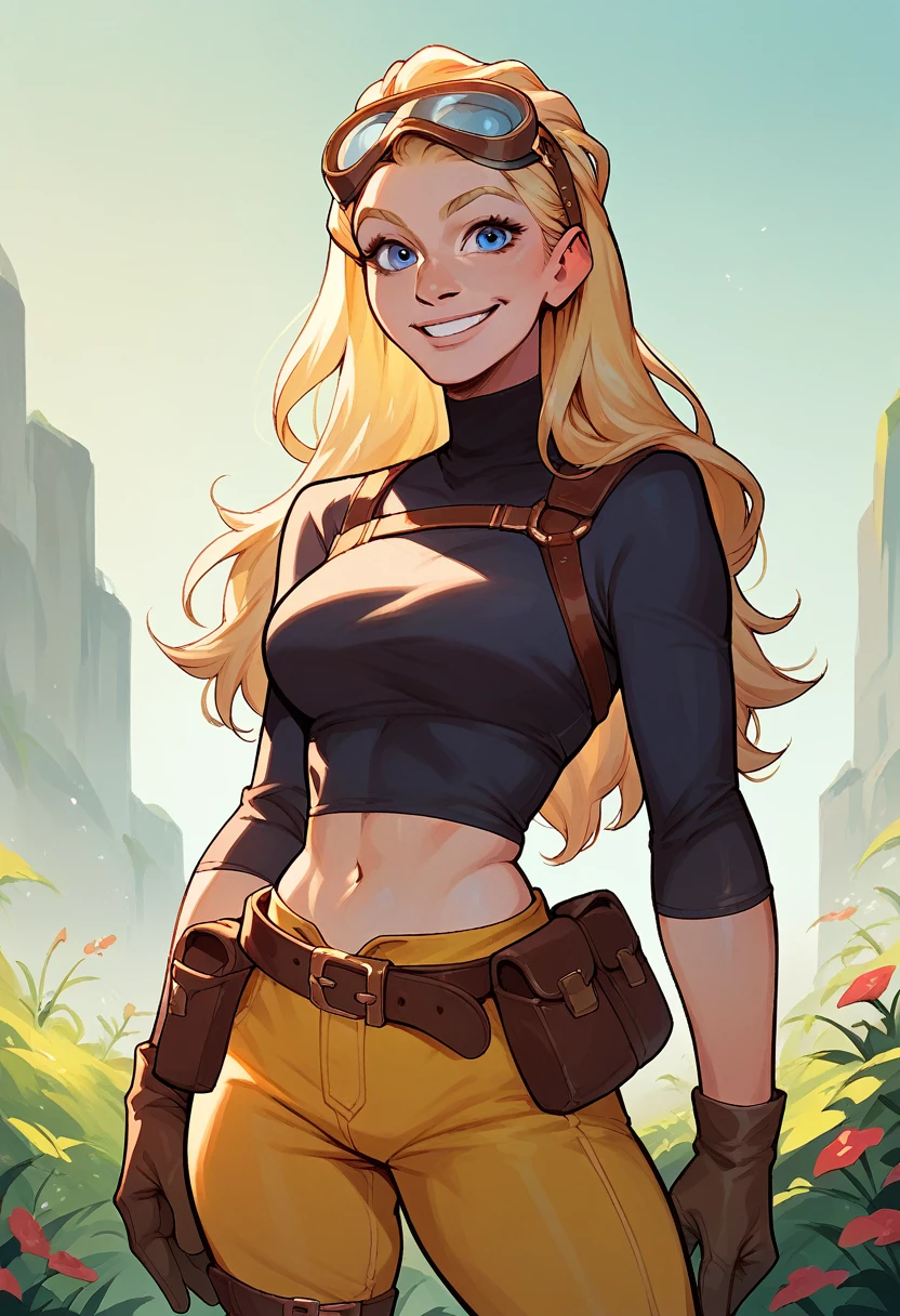 Terra, 1girl, yellow shorts, solo, long hair, blonde hair, gloves, black turtleneck,blue eyes  midriff, belt, belt pouch ,goggles on head,  score_9, score_8_up, score_7_up, score_6_up, score_5_up, score_4_up outdoors, simple background, looking at viewer, cowboy shot, score_9, score_8_up, score_7_up, score_6_up, score_5_up, score_4_up, smile,