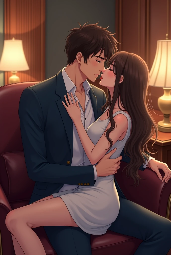 Anime tall brunette male in suit kissing with his smaller brunette girlfriend who is spreading his lap in his office 