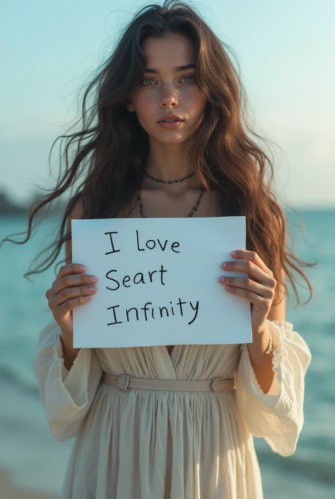Beautiful girl with wavy long hair, bohemian dress, holding a white board with text "I Love Seaart Infinity" and showing it to the viewer