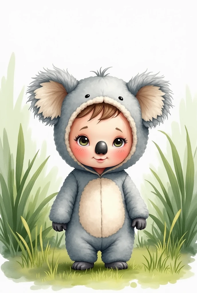 Water color 2d cute baby boy  dressed as a grey koala without tail. Green scenery
