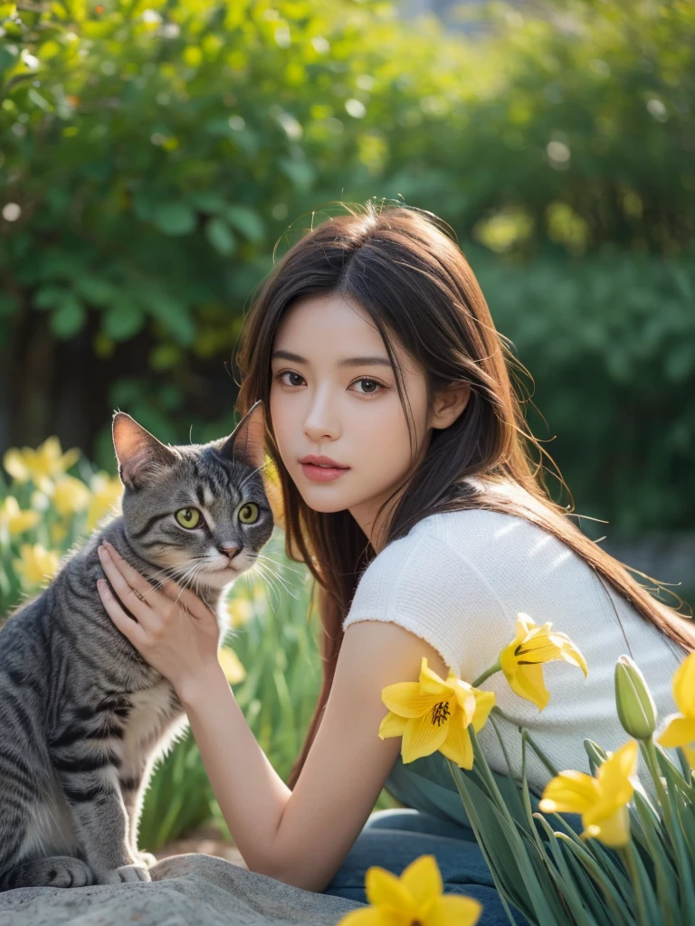 a cat sitting in the grass with another cat, two peaceful cats sleeping close together, surrounded by blooming hyacinths, lilies and daffodils, cats with flowers on their cheeks, cute and wholesome spring scene, (best quality,4k,8k,highres,masterpiece:1.2),ultra-detailed,(realistic,photorealistic,photo-realistic:1.37),beautifully detailed cats, extremely detailed eyes and face,longeyelashes,detailed fur textures,natural lighting,vibrant colors,serene landscape,lush greenery,field of flowers