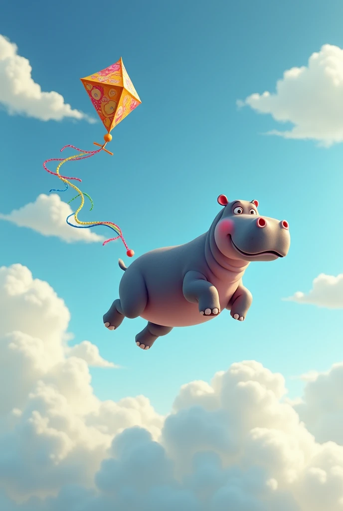 Hippo flying a kite.