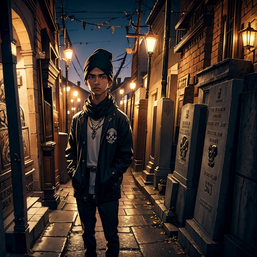 latin, mexican, street man, cemetery, streets lights, chicano, skull, candle, headscarf