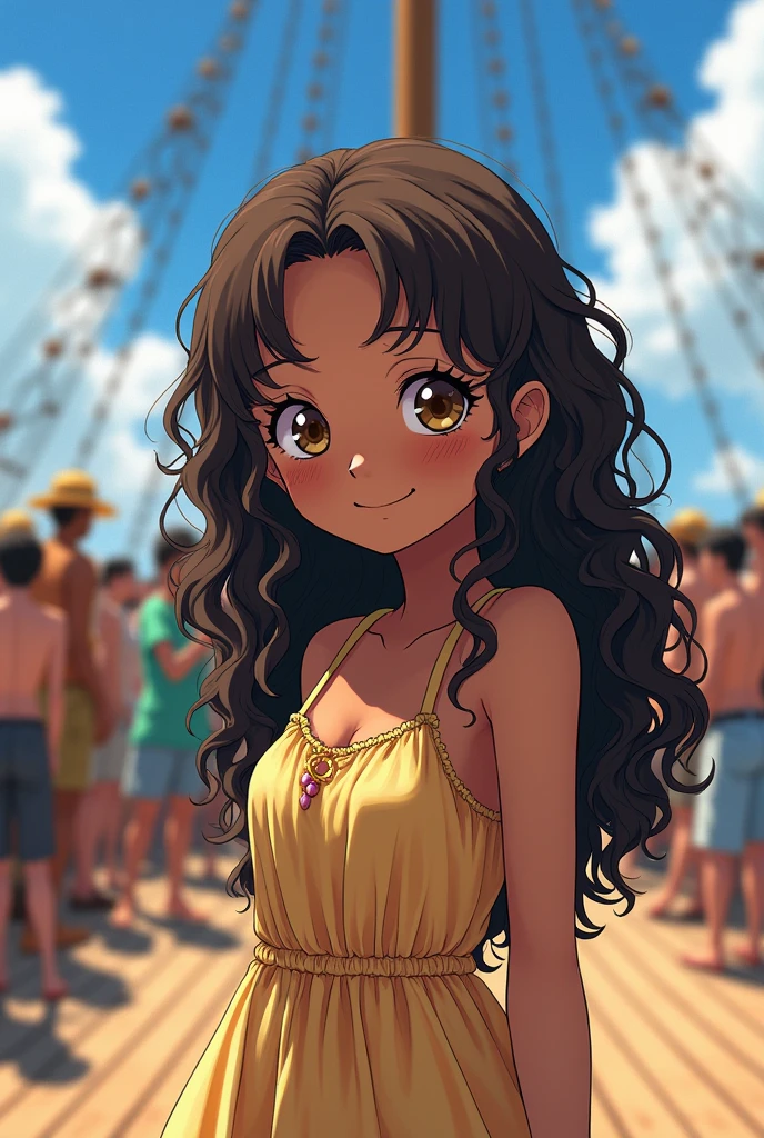 I want a girl about , black, long curly very curly brown hair, Brown eyes, short,  with soft clothes, that is, a summer dress, In the world of One Piece on the ship with the entire Mugiwara crew. 