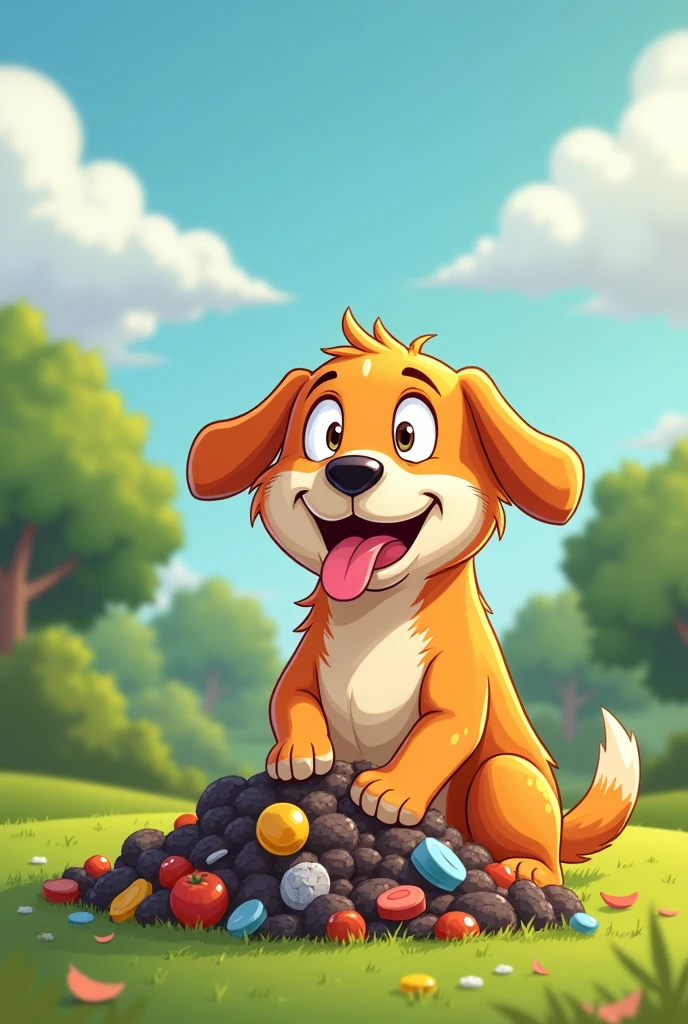 Make a cartoon happy dog eat poop