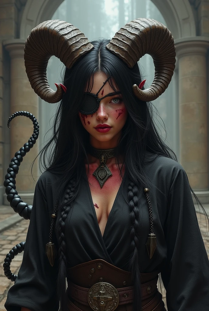 ((Mediovale)), uma mulher Tiefling, reddish skin, magician, ram horns, broken left horn, Bblack hair, hypdertailed, scraping both sides, two braids on each side of the bangs, white eyes without scruff, eye patch on the left side, scar under the eye patch, scar on the lips on the right side, 