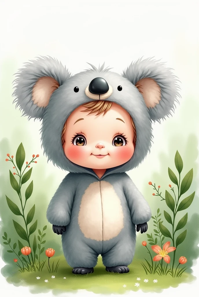 Water color 2d cute baby boy dressed as a grey koala without tail. Green scenery