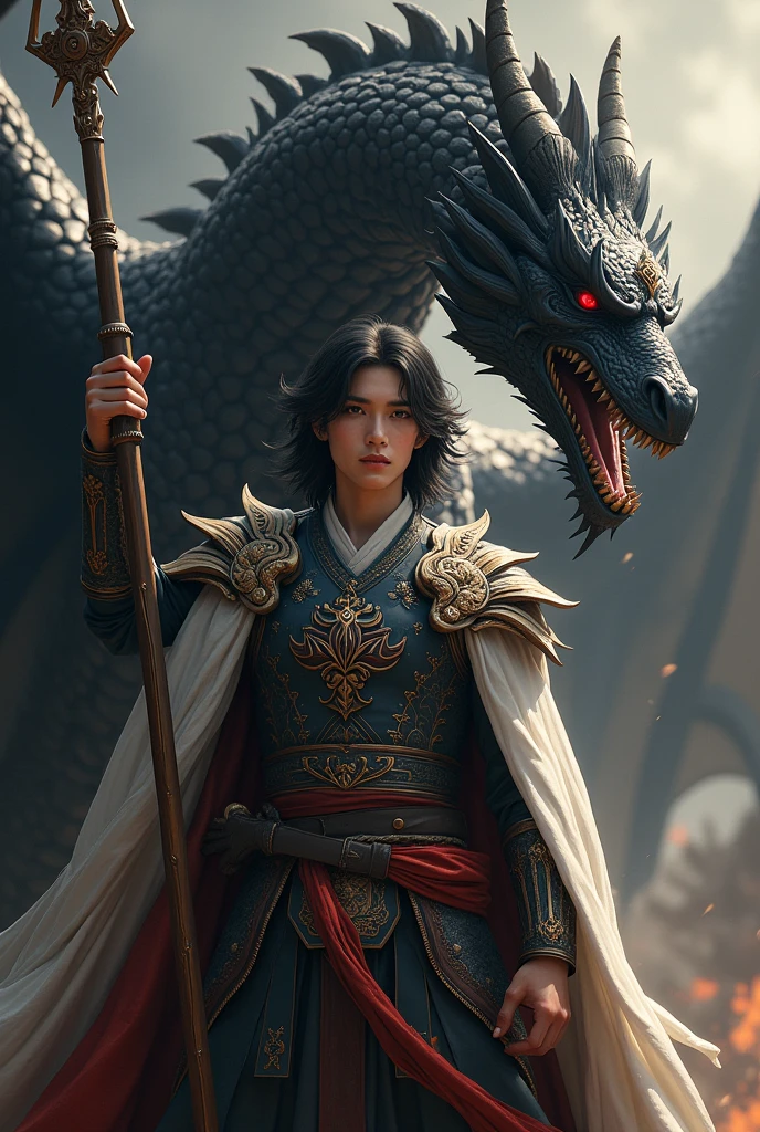 A white-skinned prince, Medium length black hair with red tips. His eyes are rounded and his color is light brown., pink lips and with a black Phoenix Dragon behind him. He will have a warrior outfit and on the chest of his outfit there will be the logo of a dragon head and a wing. The prince has American nationality