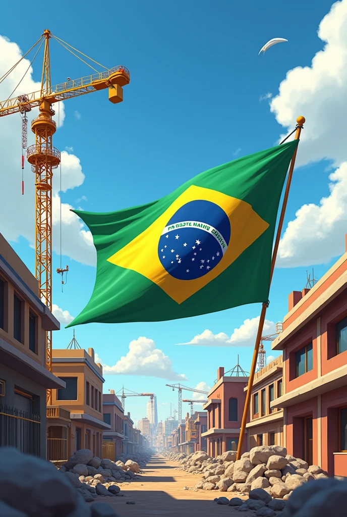 constructions with a brazilian flag destroied by a virus in disney pixar cartoon style