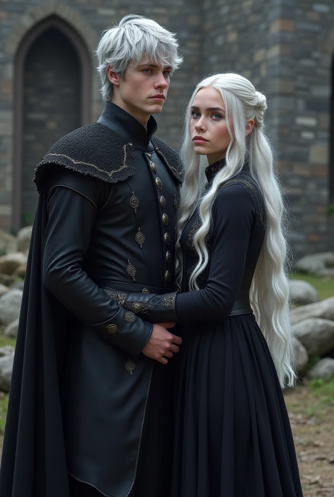 A targaryen teenager boy with with silver short hair and purple eyes and a 25 years woman with silver long hair and purple eyes, black clothes; dragonstone scenary, 1younger boy and 1older girl, realistic anatomy, tall girl