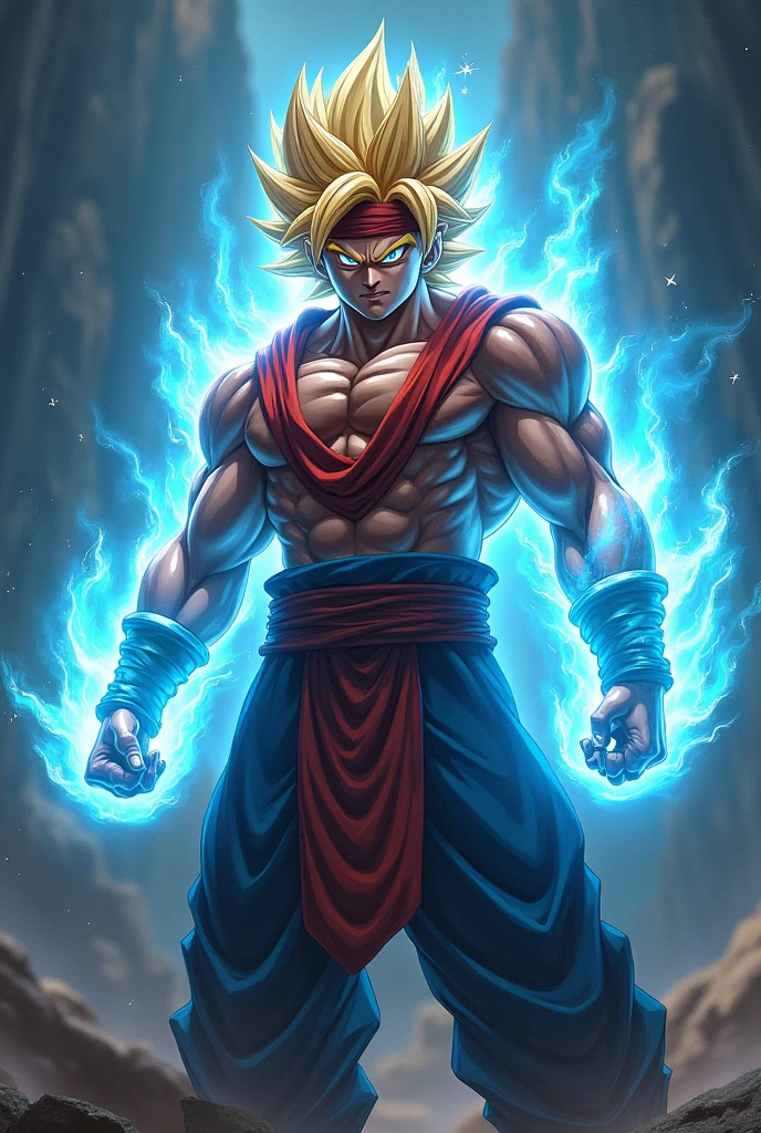 a powerful muscular man with spiky golden hair, glowing blue energy aura, intense facial expression, wearing a red headband, red and blue outfit, standing in a dramatic pose, dynamic action scene, epic fantasy, cinematic lighting, highly detailed, 8k, photorealistic, masterpiece