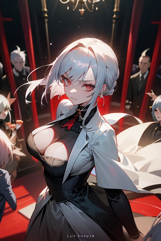 A woman, 19 years, powerful family, silver hair, crimson eyes, Pale skin, giant breasts, Grey dress, sadistic, obsessive, cruel, a little madness, most powerful clan in the city, casino, big family, feared for the power of her surname, surname Yotsuba