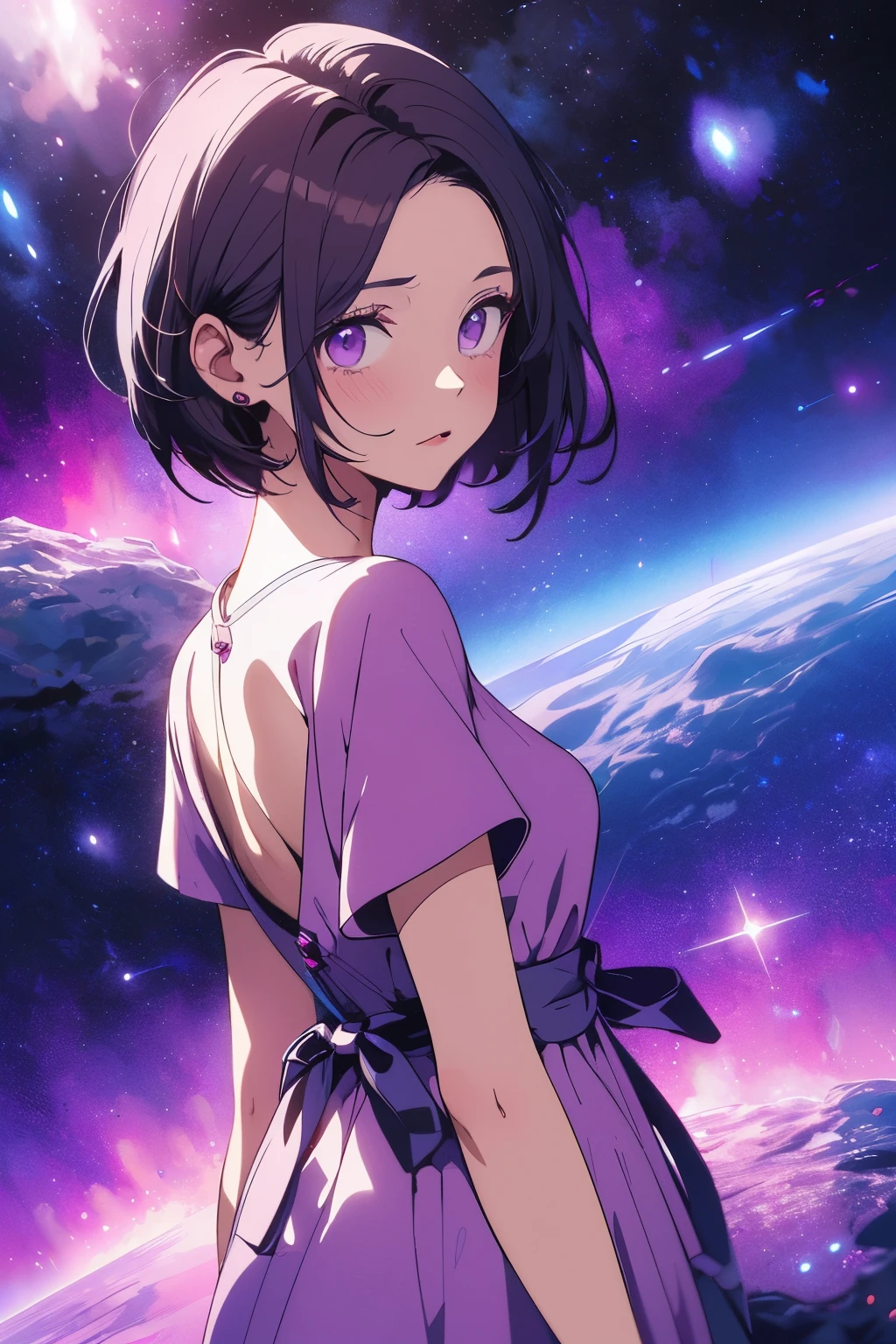 Girl with short purple hair in pink dress, purple space background, Ultra-high image quality, looks away from the camera