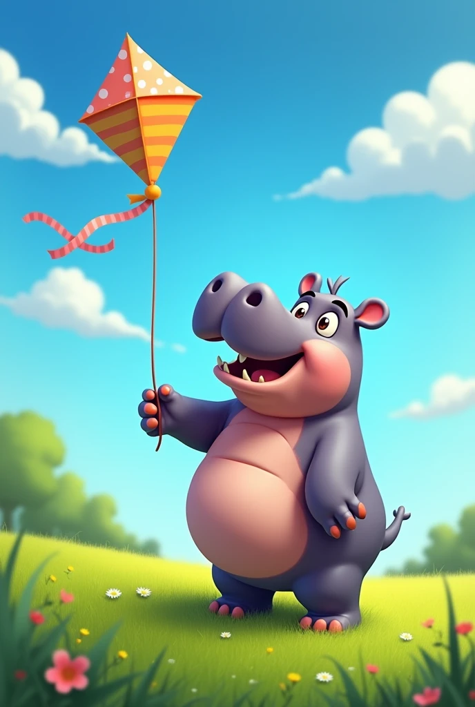 Hippo flying a kite with its paw on a lawn.