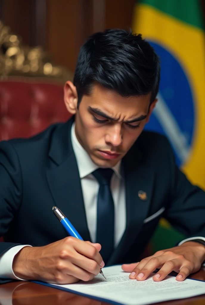 ((best quality)), ((masterpiece)), (detailed), perfect face, man, short black hair, white skin, 16 years old, as president of Brazil, Sitting in the presidential chair, signing laws with a blue pen, This law will recover all state-owned companies that were privatized, looking at the paper, your face is serious and a little angry, the Brazilian flag is in the background
