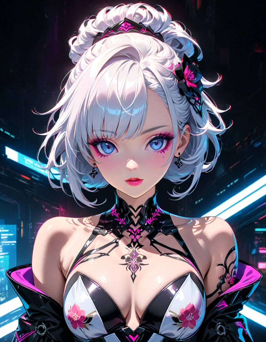 detailed textures, high quality, high resolution, high precision, realism, color correction, correct lighting settings, harmonious composition. Stunning anime girl with an intricate floral tattoo on her neck., radiating elegance and beauty.,in the style of neon realism, indigo and light black, Gothic modern, anime-style character design, dark white and indigo, bold but elegant, cyberpunk manga, detailed costumes --ar 3:4