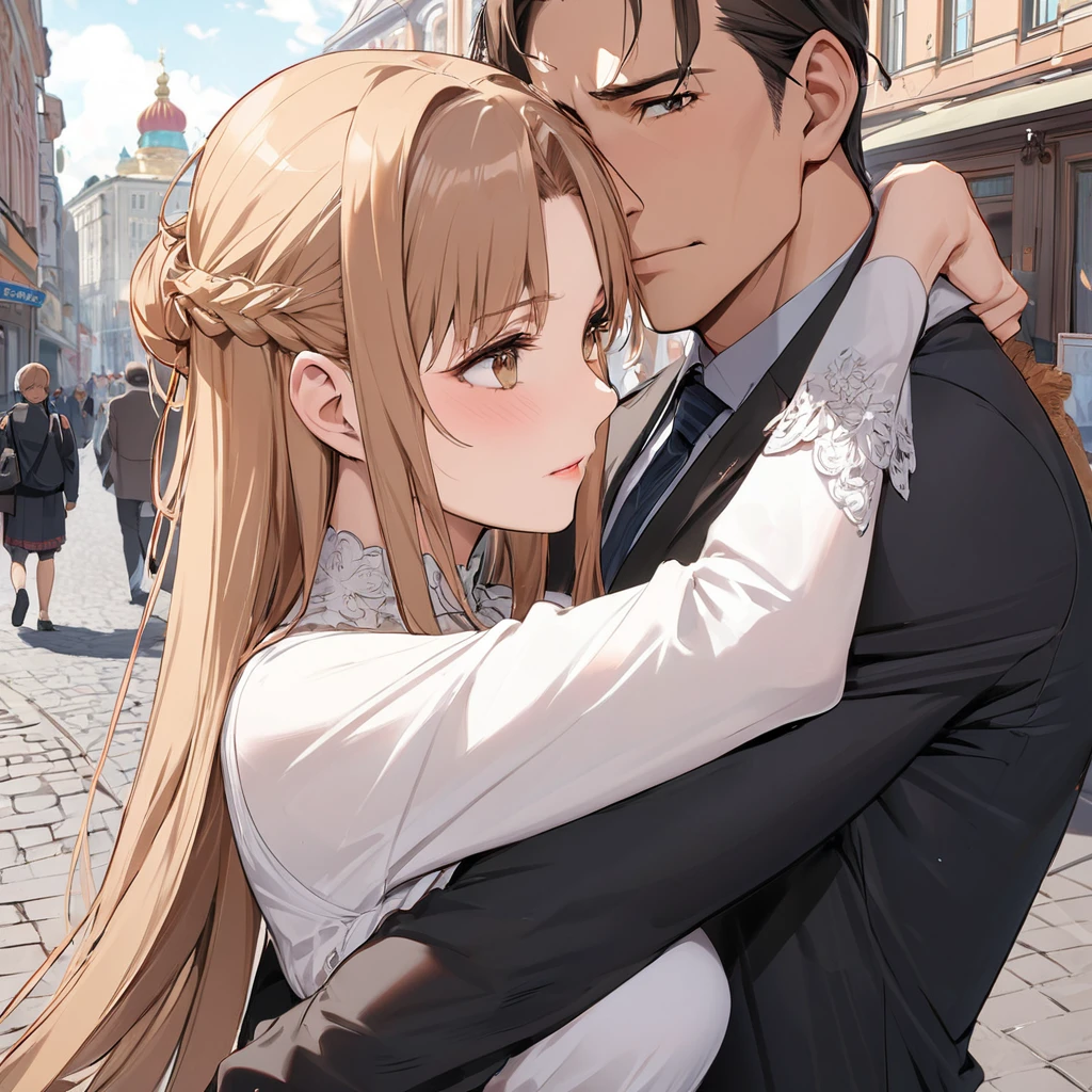 ((Highest quality)), ((masterpiece)), (detailed), (Perfect Face)、The woman is Yuuki Asuna, a Russian with light brown, semi-long hair.、In the streets of Russia, women are beautifully dressed in everyday Russian clothing and luxurious accessories.、The woman is on a date, clinging to the arm of a muscular Russian man、A man is embracing a woman