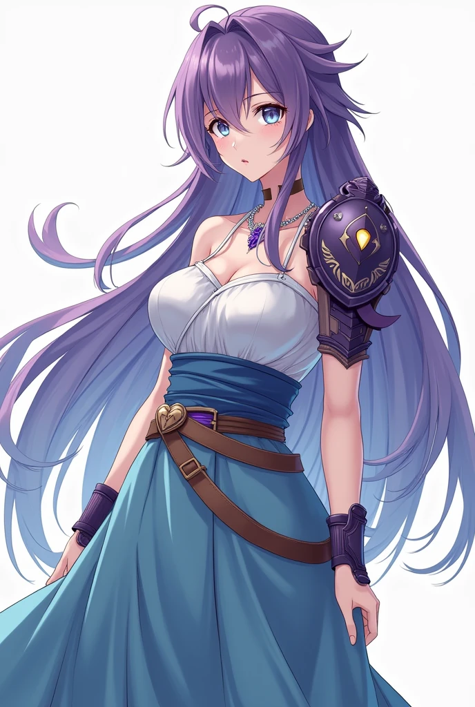 Long hair, purple hair, big breast, blackberry eyes, anime style, dress celeste, mature women, straight hair, fringe, no lipstick , low ponytail , long skirt, legwear blue marine, arm wear blue marine, no change in color of dress, necklace heart, shoulder armor purple with, light symbol white in shoulder armor, obi blue, strap brown, sleeveless, tank top, covered breast, sleeveless blouse
