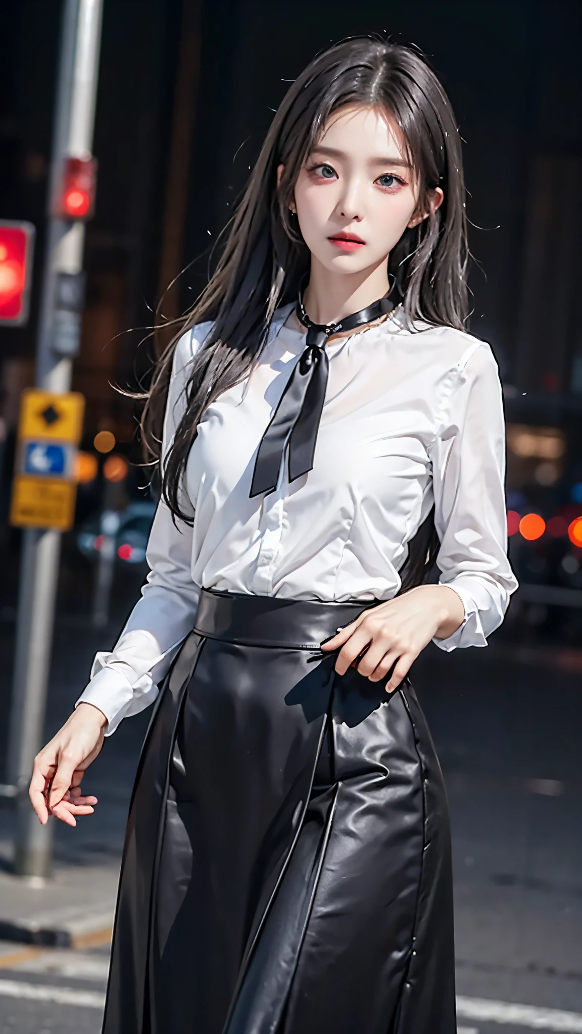 realistic, high resolution, 1 woman, butt up, beautiful eyes, gray hair, long hair, round eyes, collar shirt, belly button visible, black tie, black skirt, city street