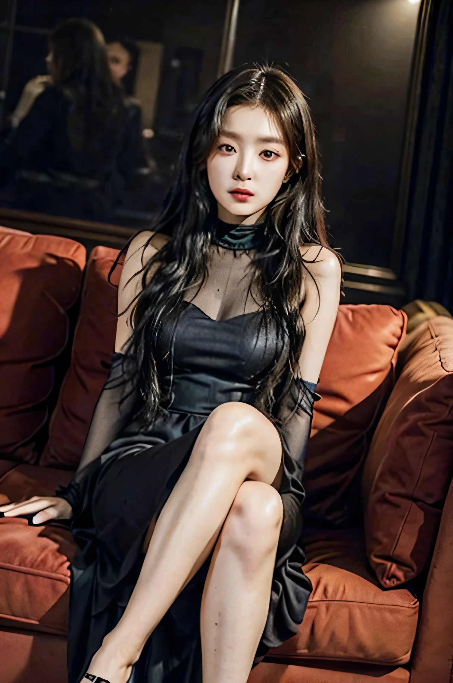 Irene sitting on an armchair in an elegant black dress. long black curly hair. that she looks confident in herself