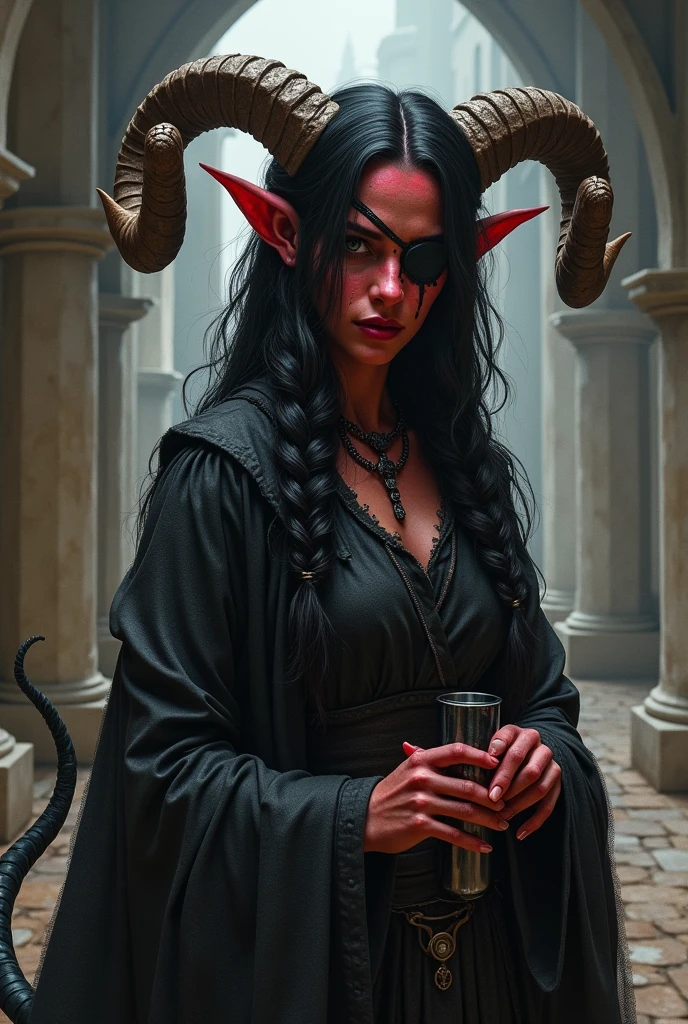 ((Mediovale)), uma mulher Tiefling, reddish skin, magician, ram horns, broken left horn, Bblack hair, hypdertailed, scraping both sides, two braids on each side of the bangs, white eyes without scruff, eye patch on the left side, scar under the eye patch, scar on the lips on the right side,