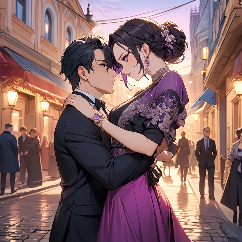((Highest quality)), ((masterpiece)), (detailed), (Perfect Face)、The woman is Shinobu Kocho, a Russian with black hair in a purple gradient bob style, tied up in a formal evening hairstyle.、In the streets of Russia, women are beautifully dressed in everyday Russian clothing and luxurious accessories.、The woman is on a date, clinging to the arm of a muscular Russian man、A man is embracing a woman