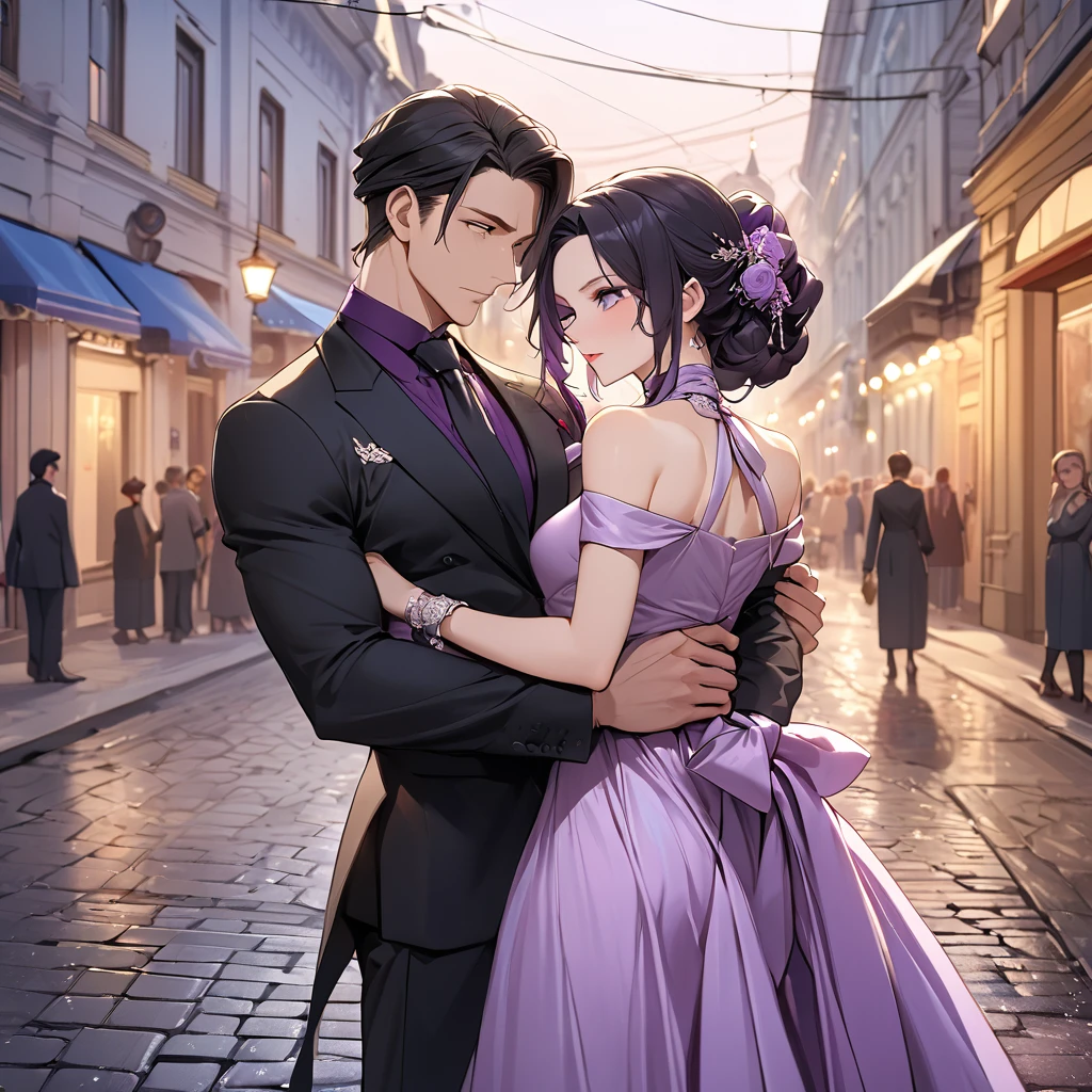 ((Highest quality)), ((masterpiece)), (detailed), (Perfect Face)、The woman is Shinobu Kocho, a Russian with black hair in a purple gradient bob style, tied up in a formal evening hairstyle.、In the streets of Russia, women are beautifully dressed in everyday Russian clothing and luxurious accessories.、The woman is on a date, clinging to the arm of a muscular Russian man、A man is embracing a woman