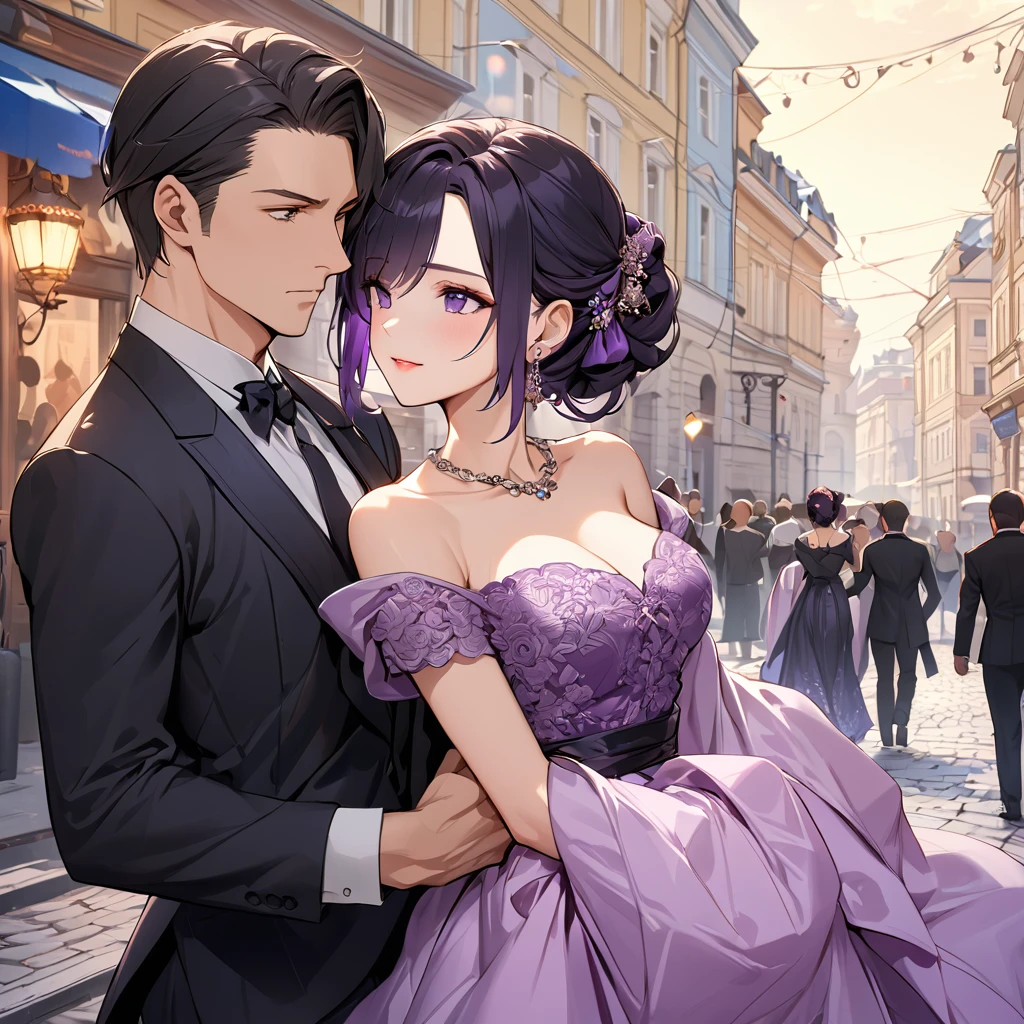((Highest quality)), ((masterpiece)), (detailed), (Perfect Face)、The woman is Shinobu Kocho, a Russian with black hair in a purple gradient bob style, tied up in a formal evening hairstyle.、In the streets of Russia, women are beautifully dressed in everyday Russian clothing and luxurious accessories.、The woman is on a date, clinging to the arm of a muscular Russian man、A man is embracing a woman