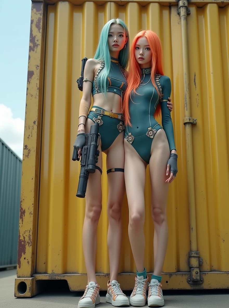 ((Barbarella)), 1 girl, solo, cute redhead 18-year-old girl in twin tails, ((perfect female body)) multiple rainbow colored hair, perfect detailed blue eyes, happy, Ukrainian, petite, pale skin, wearing a green metallic color bikini, pantyhose, post apocalyptic background, bleak barren desert, photo realistic.