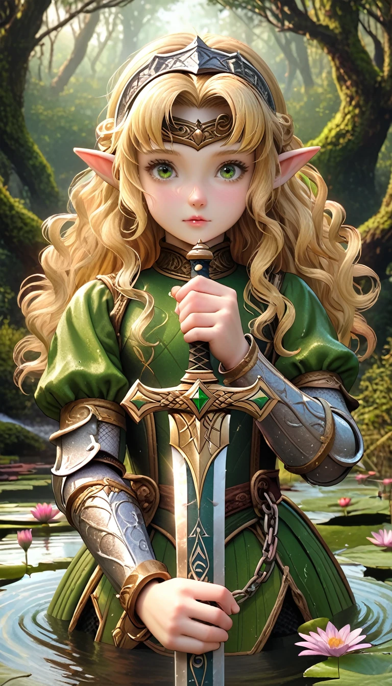 ((Highest quality)), ((masterpiece)), (detailed), 1. ，Young ，Fairy，Blonde, Wavy Hair，Shiny Hair，Forehead protector，Pointed Ears, Holding the Sword, Grab your sword, knight，Green clothes, Chain Mail, At the forest pond