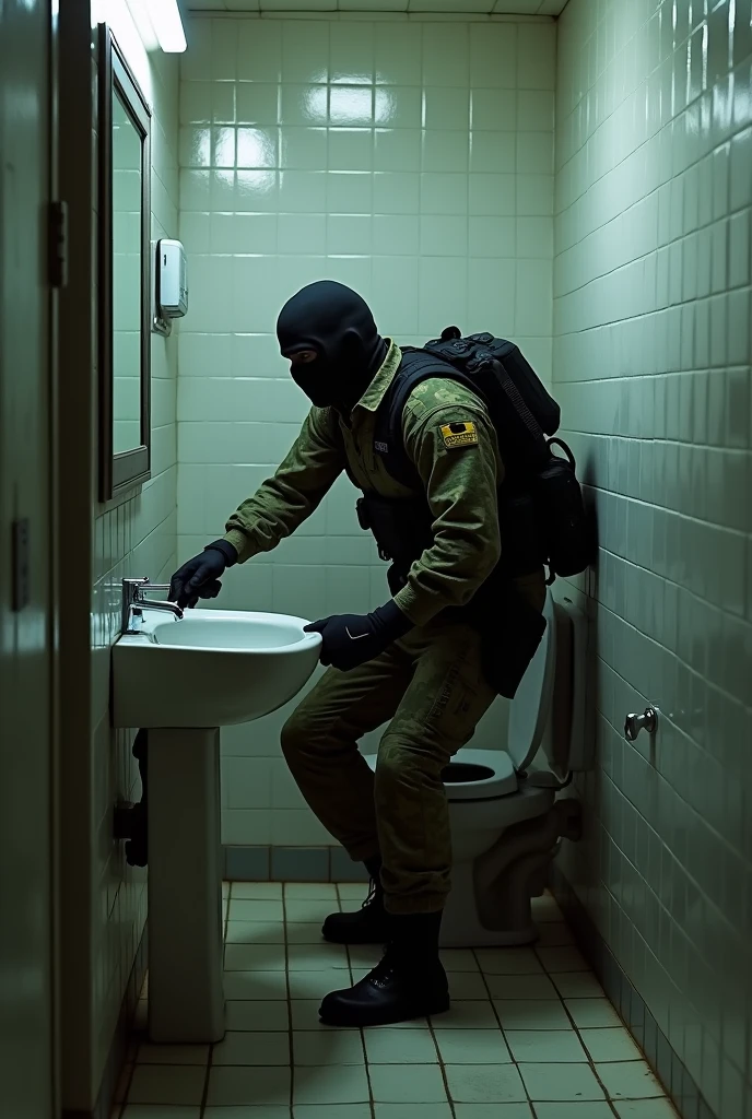 Create a normal toilet with security guard clothing and equipment.
Private Security. Toilet bowl with safety cap on top