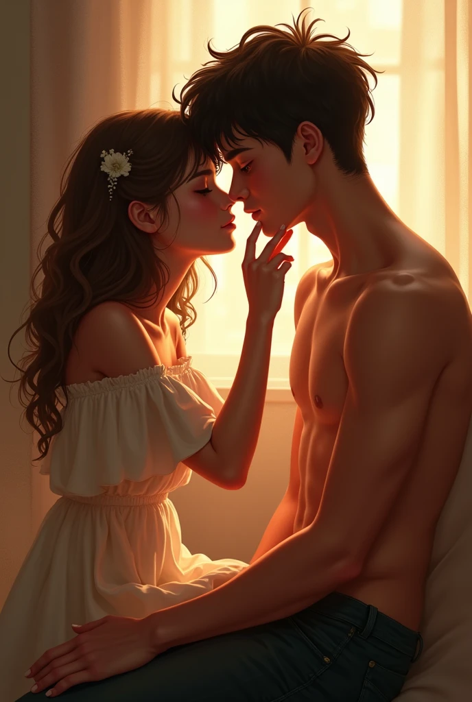 A girl and a boy who have just kissed, the girl looks down at him and grabs his chin, both are excited, the girl is wearing a dress and the boy is only wearing pants but he has defined muscles and they are sitting