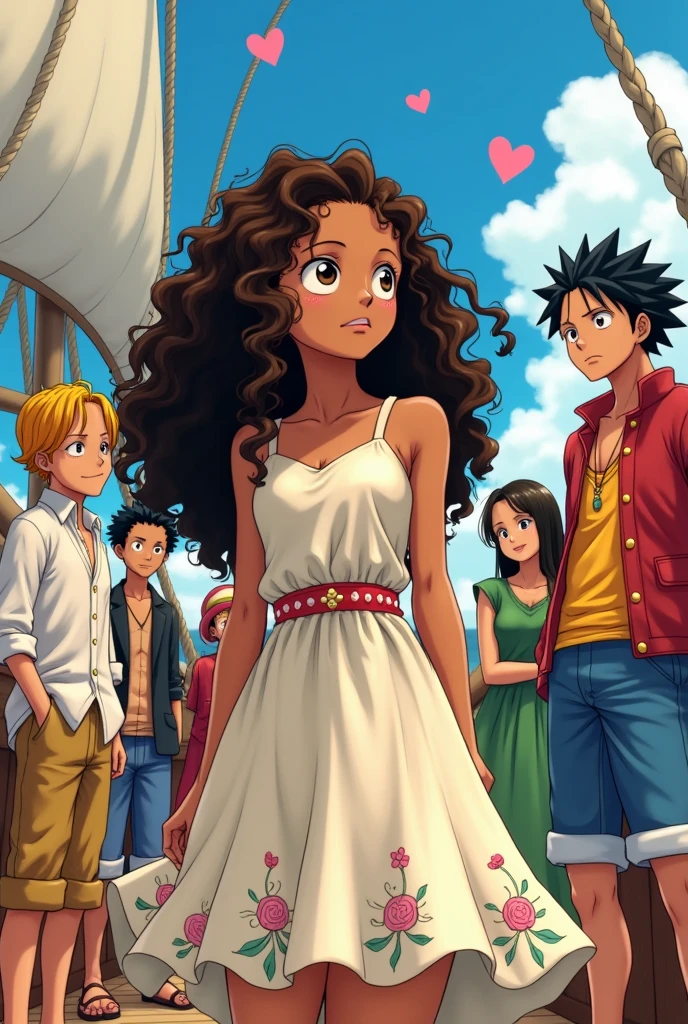I want a girl about , black, long curly very curly brown hair, Brown eyes, short,  with soft clothes, that is, a summer dress, In the world of One Piece on the ship with the entire Mugiwara crew. Let all the crew members be seen and let Sanji be falling in love with the girl