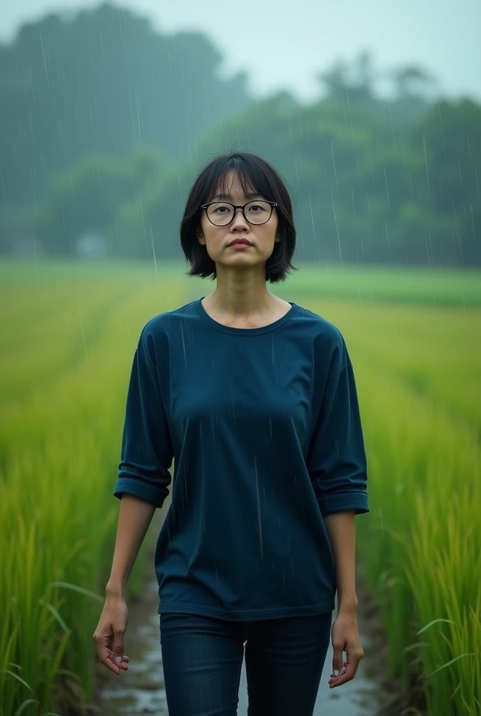 (photorealistic) realistic image of a (Asian woman), (slim build), (short hair), (white skin), (dark eyes), wearing a navy blue long sleeve t-shirt, walking in heavy rain with a (serious face), (wearing glasses), capturing a (Kodak color film look), featuring a (grainy texture), surrounded by a picturesque (wid weathere rice field) under dramatic, atmospheric, vivid colors, natural lighting, emotionally charged ambiance,no make up