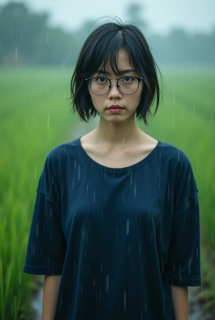 (photorealistic) realistic image of a (Asian woman), (slim build), (short hair), (white skin), (dark eyes), wearing a navy blue long sleeve t-shirt, walking in heavy rain with a (serious face), (wearing glasses), capturing a (Kodak color film look), featuring a (grainy texture), surrounded by a picturesque (wid weathere rice field) under dramatic, atmospheric, vivid colors, natural lighting, emotionally charged ambiance,no make up