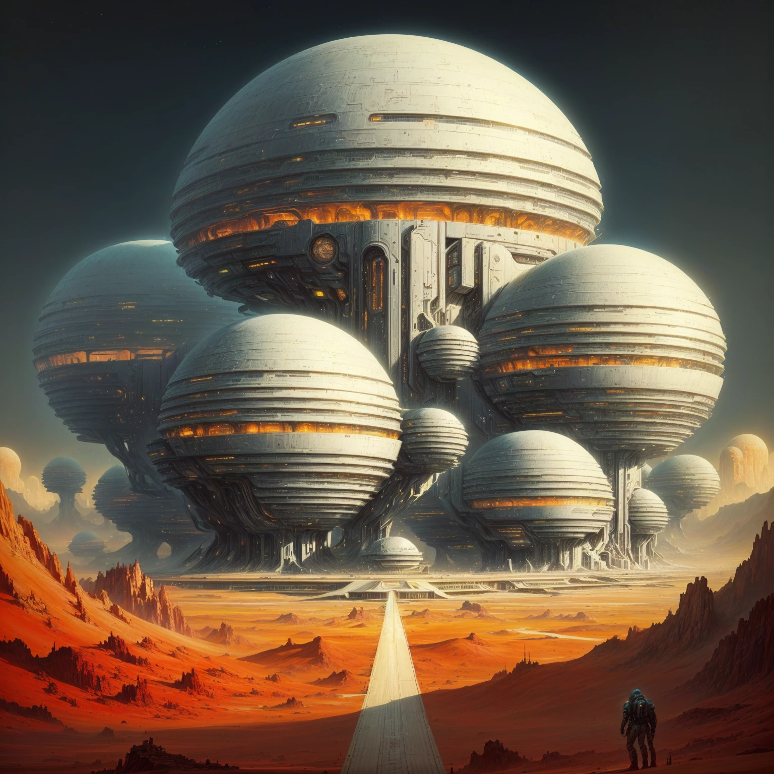 a painting of a futuristic building with a long road in front of it, dan mcpharlin, dan mcpharlin : : ornate, science fiction art, interplanetary cathedral, ancient science fiction art, wayne douglas barlowe, 7 0 s sci - fi art, martian city, detailed sci-fi art, science fiction art ], planetary city, sci fi art