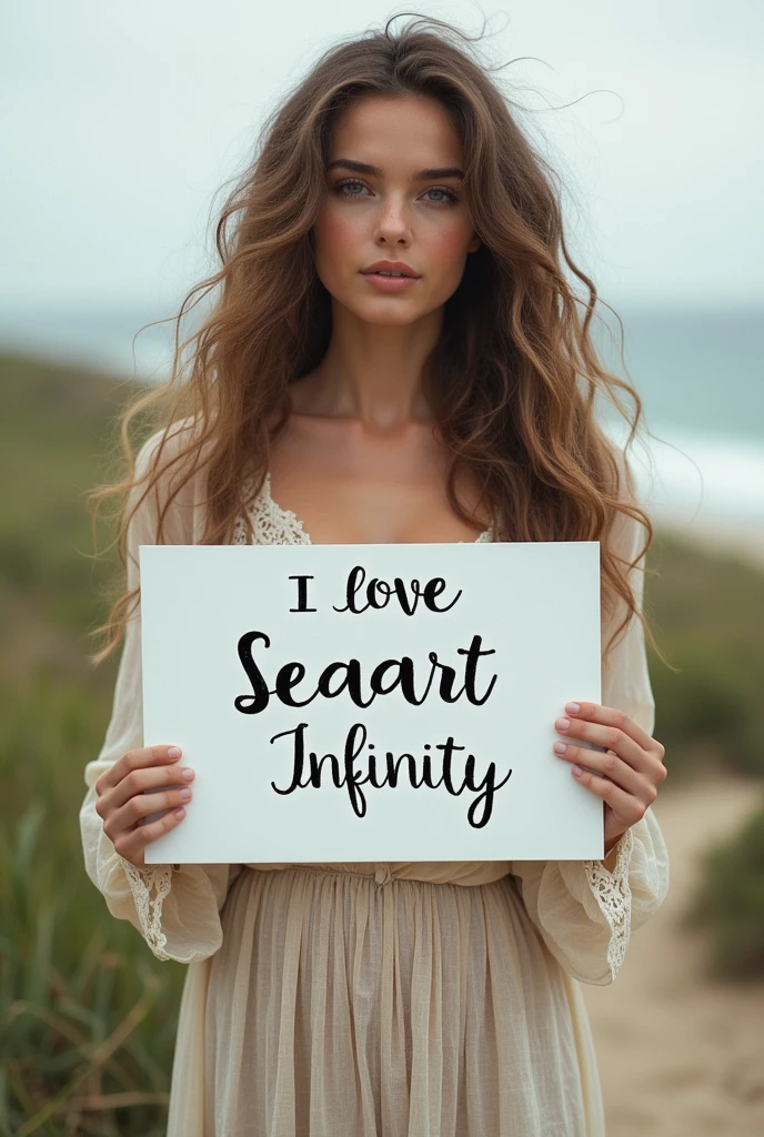 Beautiful girl with wavy long hair, bohemian dress, holding a white board with text "I Love Seaart Infinity" and showing it to the viewer