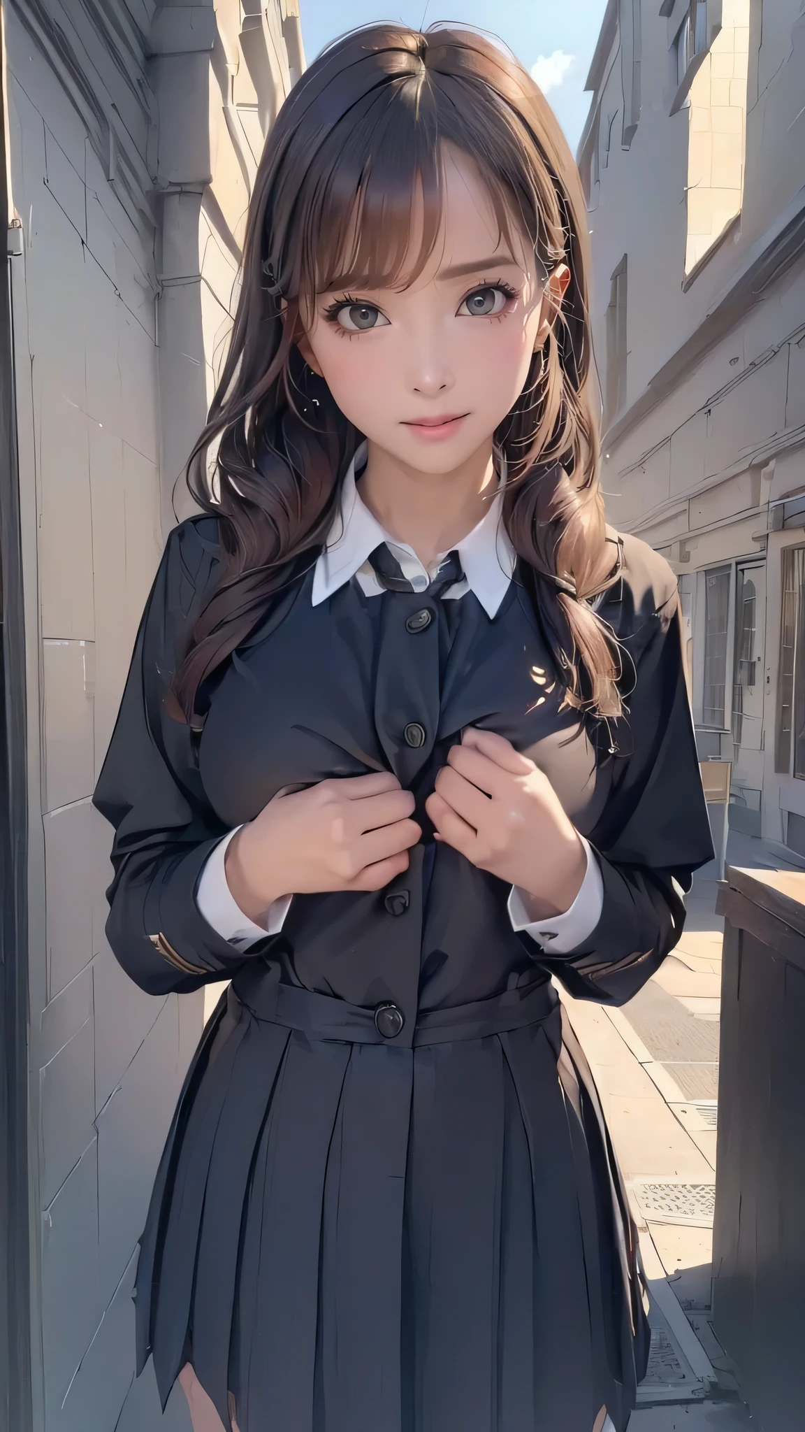 ((clothed:1.5,school uniform:1.5)),(from below:1.2),(Thin type:1.8),(big breasts),(random hairstyle),(Highest image quality,(8k),ultra-realistic,best quality, high quality, high definition, high quality texture,high detail,beautiful detailed,fine detailed,extremely detailed cg,detailed texture,a realistic representation of the face,masterpiece,Sense of presence)