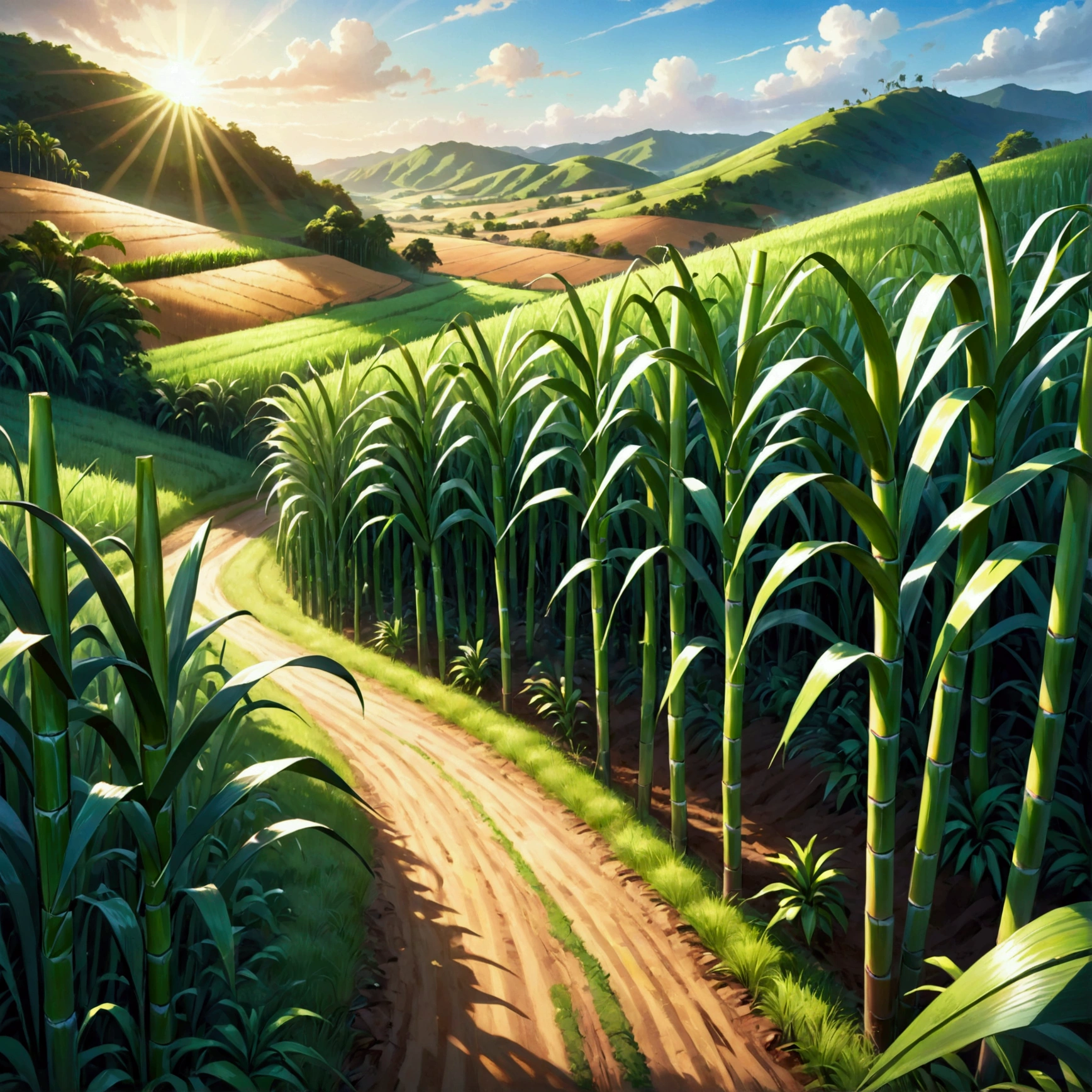 a beautiful cane sugar field, lush green sugar cane stalks, golden sunlight, rolling hills, vibrant colors, photorealistic, highly detailed, 8k, HDR, cinematic lighting, dramatic shadows, warm tones, serene landscape, peaceful atmosphere, nature photography, stunning scenery