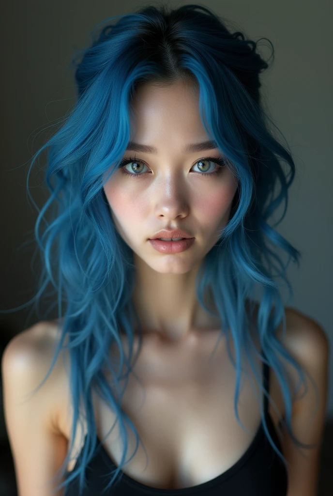 Full lenght, make a girl indistinguishable from reality, blue hair, narrow face, grey eyes, girl, 18 years old, slim figure, almond-shaped eyes, button nose, full lips, european appearance, ultra highly intricate detailed, black eyeliner, over knee stockings, looking at the camera, professional photography, ultra sharp focus, very beautiful, naked