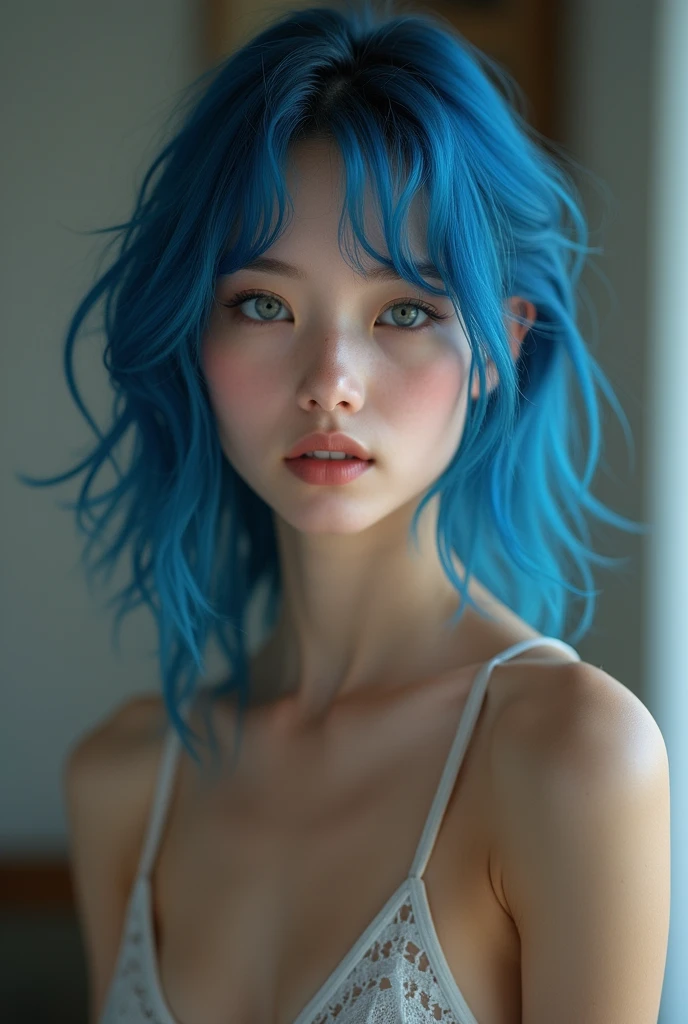 Full lenght, make a girl indistinguishable from reality, blue hair, narrow face, grey eyes, girl, 18 years old, slim figure, almond-shaped eyes, button nose, full lips, european appearance, ultra highly intricate detailed, black eyeliner, over knee stockings, looking at the camera, professional photography, ultra sharp focus, very beautiful, naked