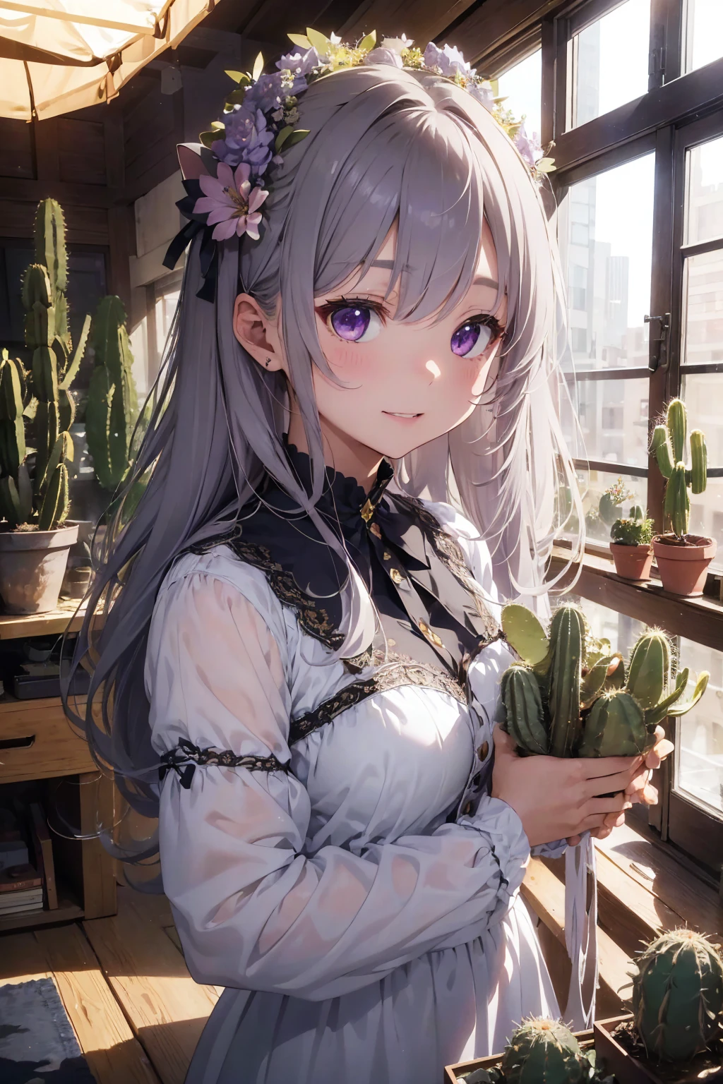 masterpiece, 
Highest quality, Very detailed, Realistic, 
Very delicate and beautiful, 
succulent garden, 
Written boundary depth, 
Professional Lighting,Many big bouquets、Gray Hair、lilac hair eyes、Laughter、、Cat ear、Long sideburns、cactus flower hair ornament、Holding a bouquet、hair that hides human ears、Night view