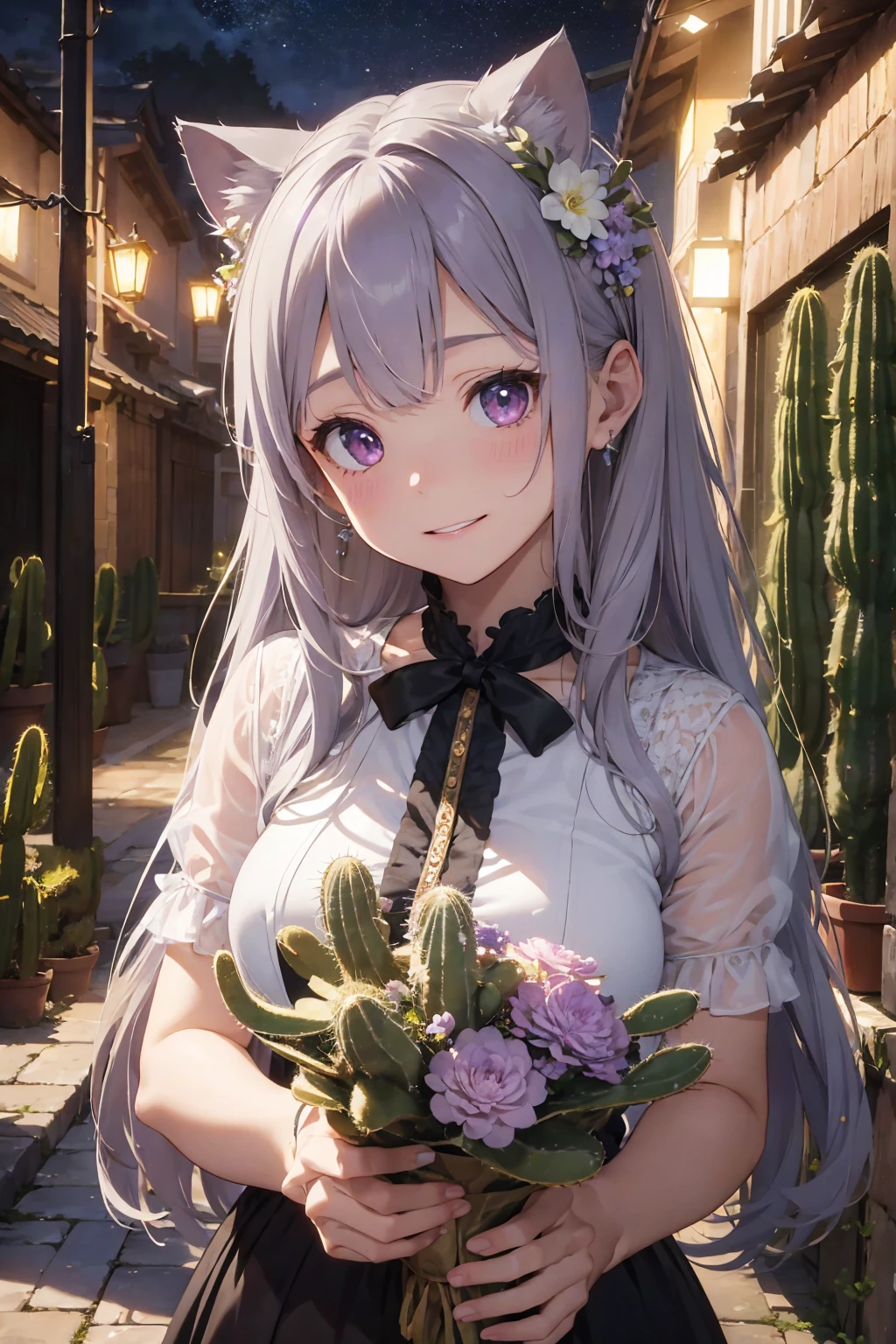 masterpiece,
Highest quality, Very detailed, Realistic,
Very delicate and beautiful,
succulent garden,
Written boundary depth,
Professional Lighting,Many big bouquets、Gray Hair、lilac hair eyes、Laughter、、Cat ear、Long sideburns、cactus flower hair ornament、Holding a bouquet、hair that hides human ears、Night view
